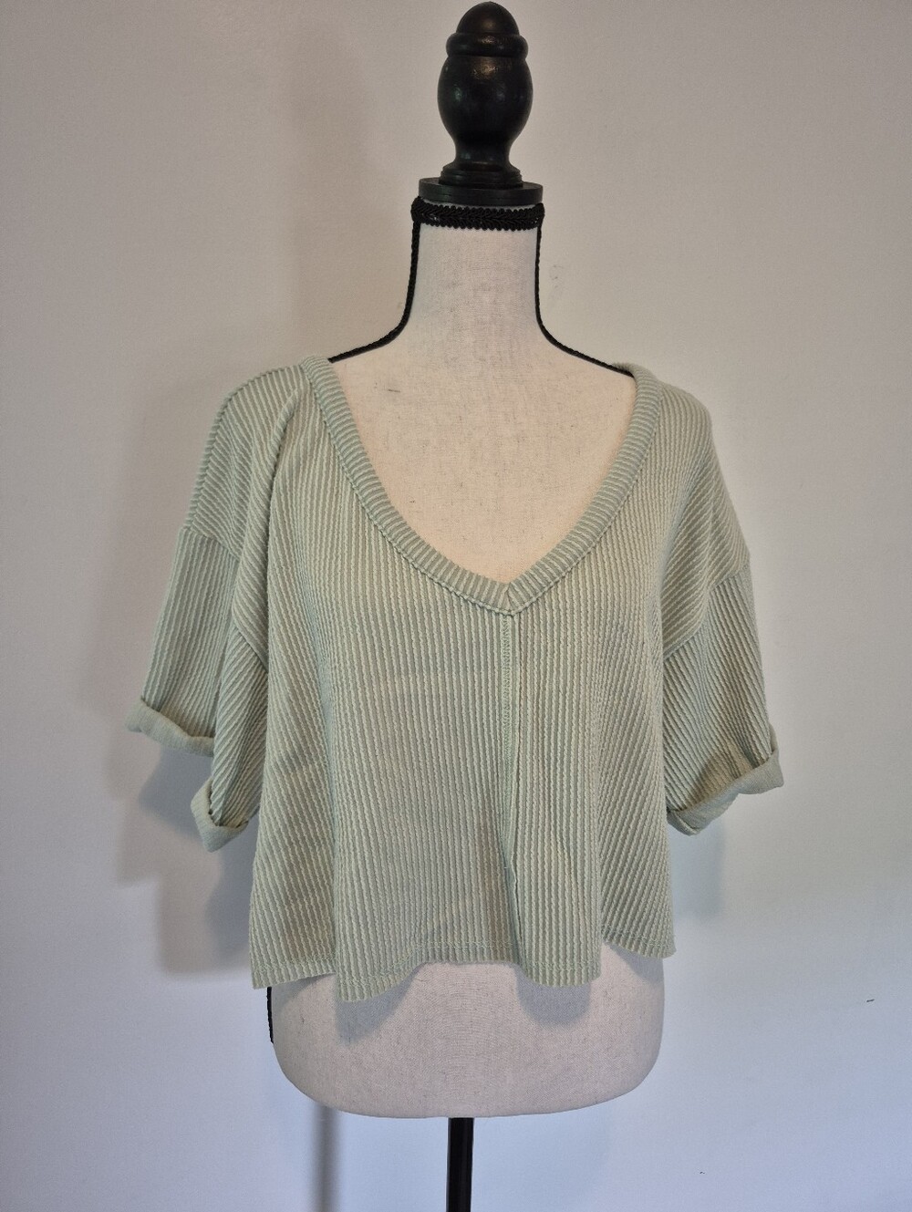 Altar'd State Sage Green Ribbed V-Neck Crop Top